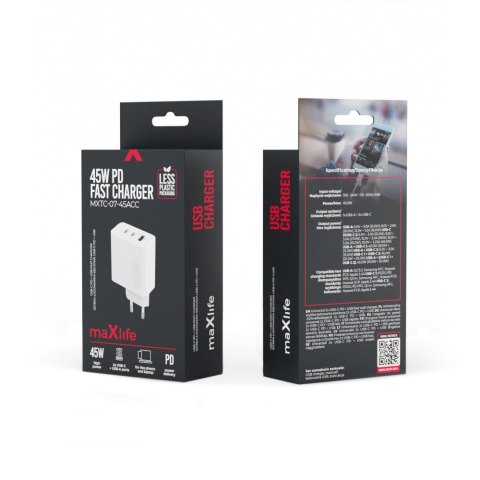Maxlife ładowarka sieciowa PD QC MXTC-07-45ACC 2x USB-C 1x USB 45W biała Maxlife ładowarka sieciowa PD QC MXTC-07-45ACC 2x USB-C 1x USB 45W biała