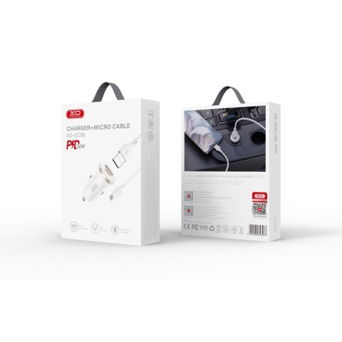 XO ładowarka samochodowa CC56 PD 30W QC 1x USB 1x USB-C biała + kabel USB - microUSB XO ładowarka samochodowa CC56 PD 30W QC 1x USB 1x USB-C biała + kabel USB - microUSB