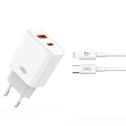 XO ładowarka sieciowa CE12 PD QC 3.0 20W 1x USB 1x USB-C biała + kabel USB-C - Lightning