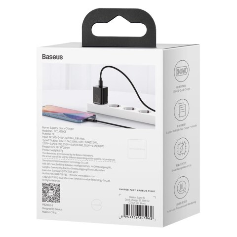 Baseus ładowarka sieciowa Super Si PD 30W 1x USB-C czarna Baseus ładowarka sieciowa Super Si PD 30W 1x USB-C czarna