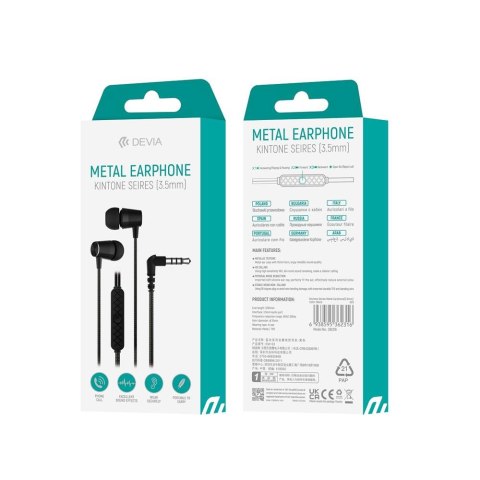 Devia słuchawki przewodowe Kintone Metal jack 3,5mm dokanałowe czarne Devia słuchawki przewodowe Kintone Metal jack 3,5mm dokanałowe czarne