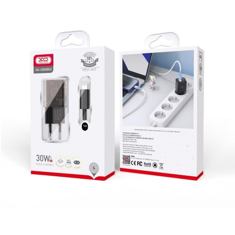 XO Clear ładowarka sieciowa CE05 PD 30W QC 3.0 18W 1x USB 1x USB-C dymiona + kabel USB-C -Lightning XO Clear ładowarka sieciowa CE05 PD 30W QC 3.0 18W 1x USB 1x USB-C dymiona + kabel USB-C -Lightning