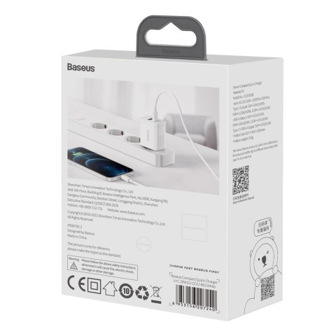 Baseus ładowarka sieciowa Compact PD 20W 1x USB-C 1x USB biała Baseus ładowarka sieciowa Compact PD 20W 1x USB-C 1x USB biała
