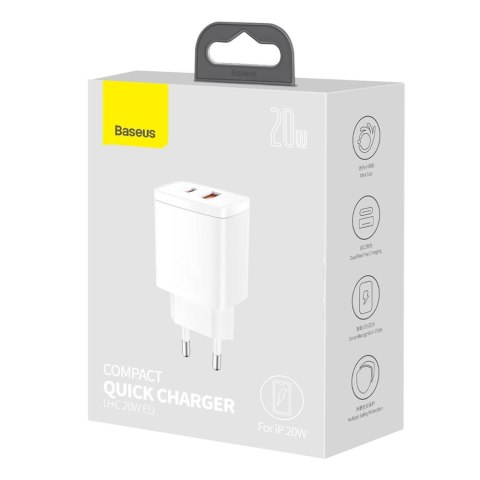 Baseus ładowarka sieciowa Compact PD 20W 1x USB-C 1x USB biała Baseus ładowarka sieciowa Compact PD 20W 1x USB-C 1x USB biała