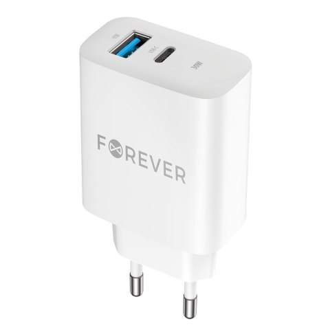 Forever ładowarka sieciowa PD QC TC-07 1x USB-C 1x USB 30W biała + kabel USB-C - USB-C 60W