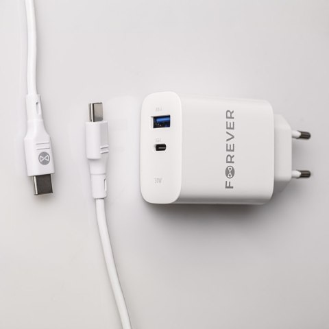 Forever ładowarka sieciowa PD QC TC-07 1x USB-C 1x USB 30W biała + kabel USB-C - USB-C 60W Forever ładowarka sieciowa PD QC TC-07 1x USB-C 1x USB 30W biała + kabel USB-C - USB-C 60W