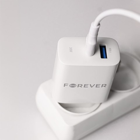 Forever ładowarka sieciowa PD QC TC-07 1x USB-C 1x USB 30W biała + kabel USB-C - USB-C 60W Forever ładowarka sieciowa PD QC TC-07 1x USB-C 1x USB 30W biała + kabel USB-C - USB-C 60W
