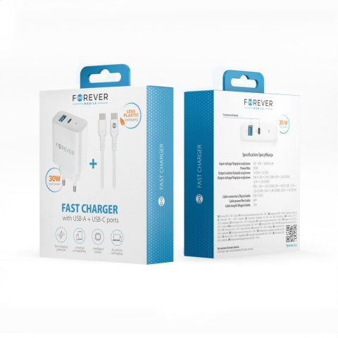 Forever ładowarka sieciowa PD QC TC-07 1x USB-C 1x USB 30W biała + kabel USB-C - USB-C 60W Forever ładowarka sieciowa PD QC TC-07 1x USB-C 1x USB 30W biała + kabel USB-C - USB-C 60W