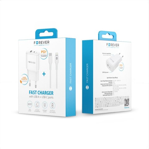 Forever ładowarka sieciowa PD QC TC-01-20AC 1x USB-C 1x USB 20W biała + kabel USB-C - Lightning 20W Forever ładowarka sieciowa PD QC TC-01-20AC 1x USB-C 1x USB 20W biała + kabel USB-C - Lightning 20W