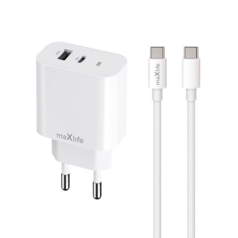 Maxlife ładowarka sieciowa PD QC MXTC-06-30AC 1x USB-C 1x USB 30W biała + kabel USB-C - USB-C 60W