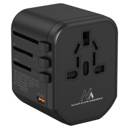 Adapter podróżny Maclean MCE238N zasilacz USB, 2xUSB 2,4A + USB-C PD 20W, Bezpiecznik 8A, Quick and Fast Charge, 200 krajów świa