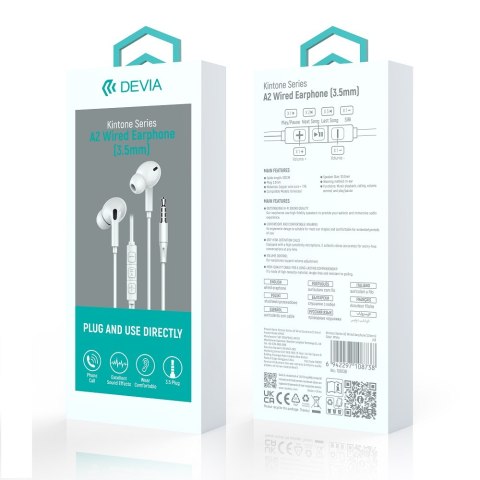 Devia słuchawki przewodowe Kintone A2 jack 3,5mm dokanałowe białe Devia słuchawki przewodowe Kintone A2 jack 3,5mm dokanałowe białe