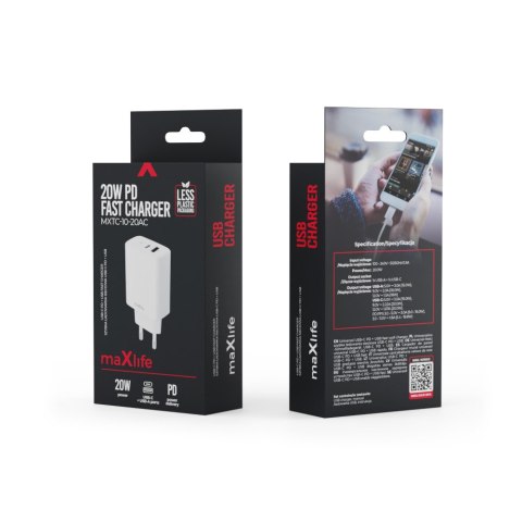 Maxlife ładowarka sieciowa PD QC MXTC-10-20AC 1x USB-C 1x USB 20W biała Maxlife ładowarka sieciowa PD QC MXTC-10-20AC 1x USB-C 1x USB 20W biała