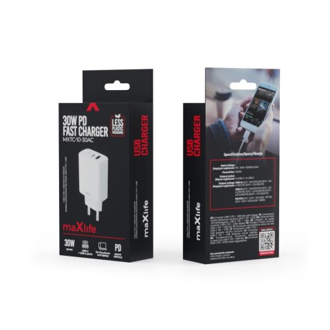Maxlife ładowarka sieciowa PD QC MXTC-10-30AC 1x USB-C 1x USB 30W biała Maxlife ładowarka sieciowa PD QC MXTC-10-30AC 1x USB-C 1x USB 30W biała