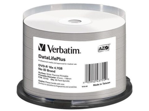 DVD-R Verbatim 4.7GB X16 AZO DL+ printable thermal białe NO ID (50 Cake)