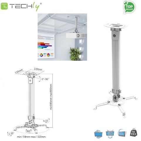 Ramię do projektora Techly 55-90 cm. 13,5kg, sufitowe, srebrne